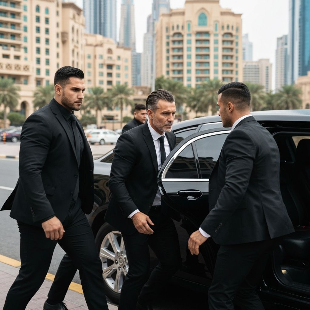 Close protection officers beside a principal at a car door